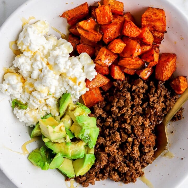 bowl of ground beef, cottage cheese, sweet potato and avocado.
