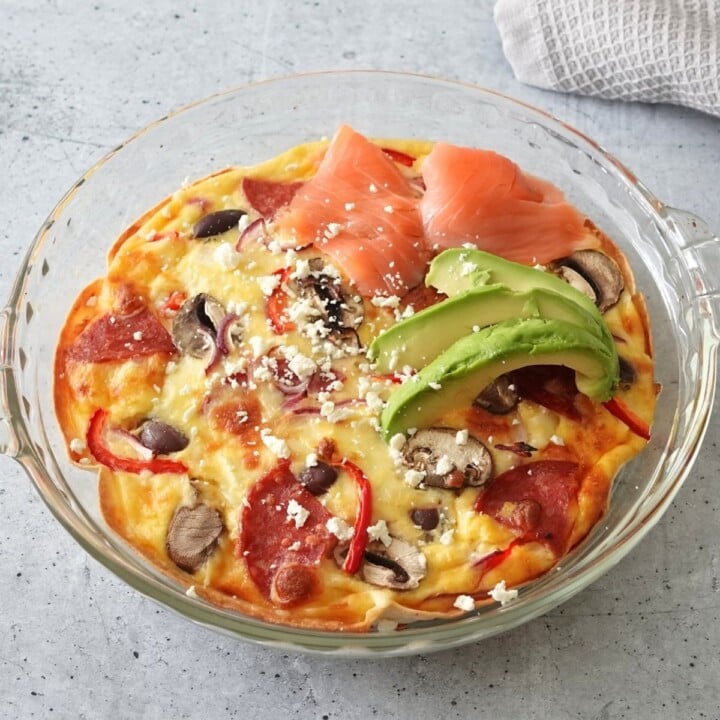 high protein tortilla quiche in a glass dish.