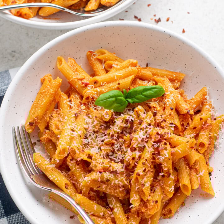 bowls of pasta with high protein vodka sauce.
