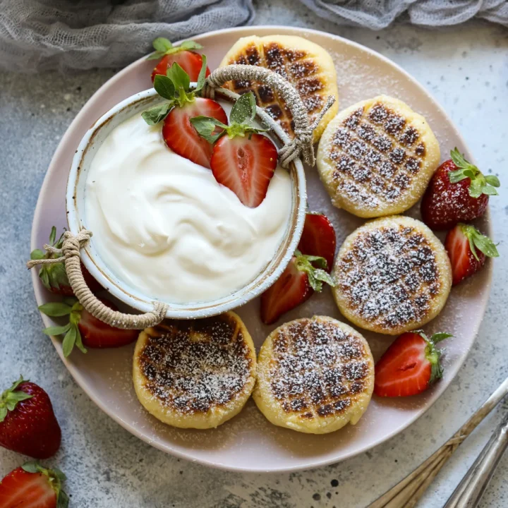plate of cottage cheese pancakes with dip and strawberries.