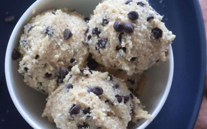 scoops of cottage cheese cookie dough in a bowl.