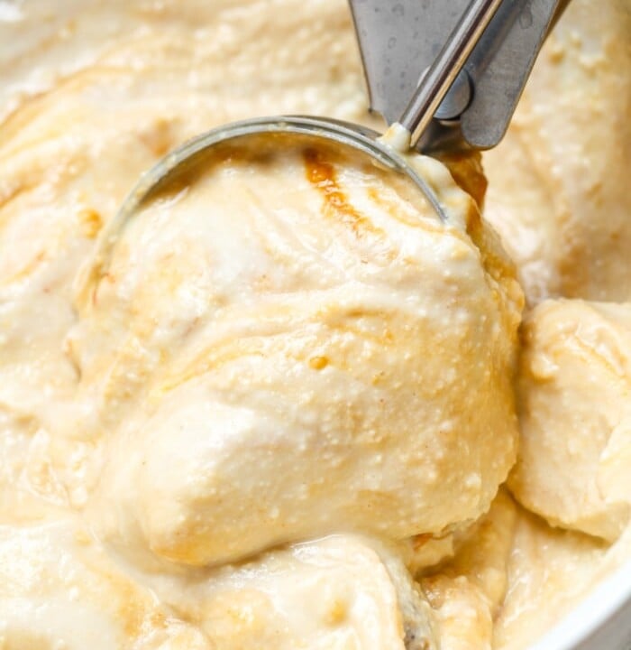 high protein ice cream being scooped from the bowl.