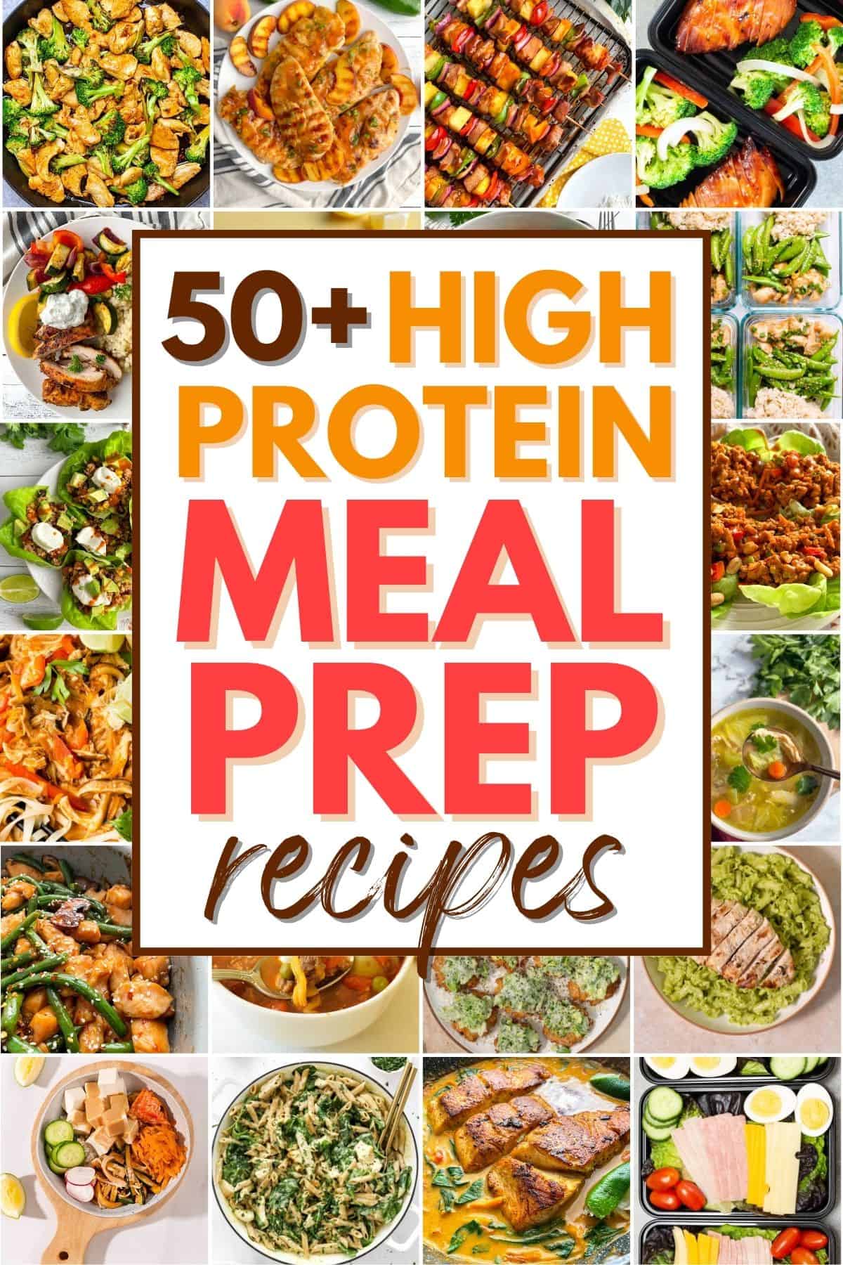 collage of high protein meal prep ideas with text overlay.