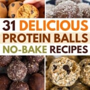collage of protein balls with text overlay.
