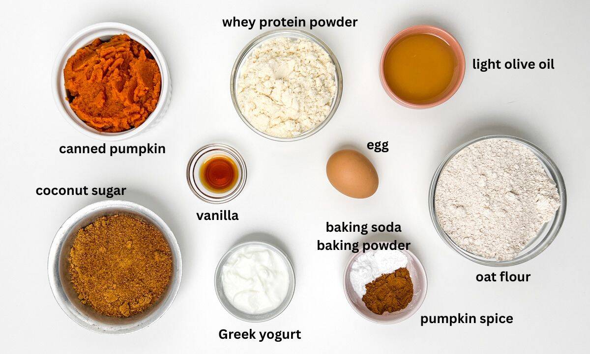 ingredients for protein pumpkin bread, labeled.