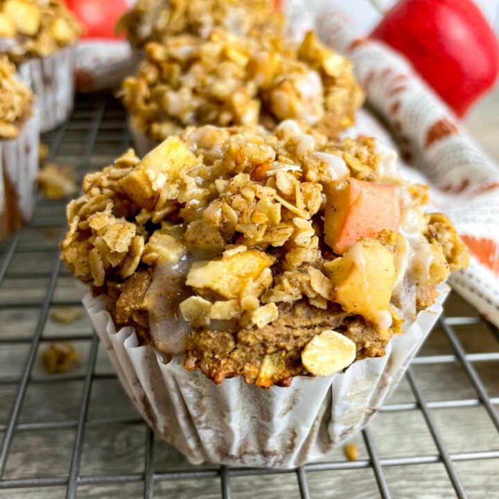 apple crumble protein muffins on a cooling rack