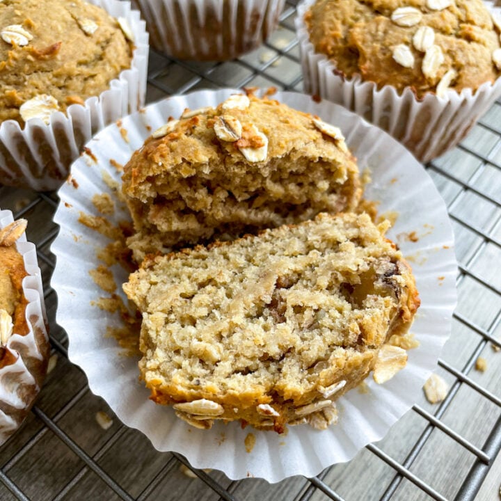 banana oat protein muffins on a cooling rack.