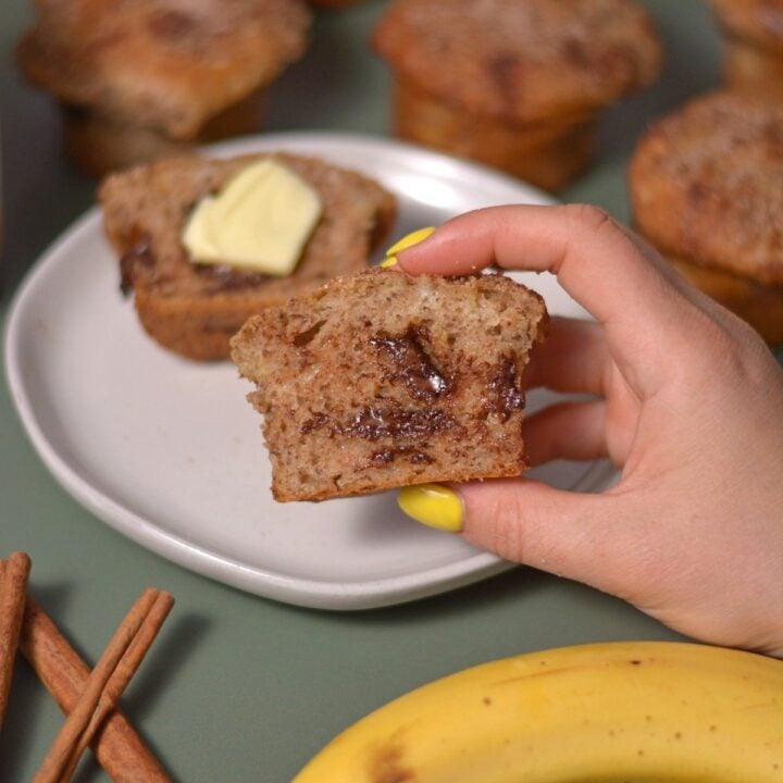banana cottage cheese muffin cut open, in hand.