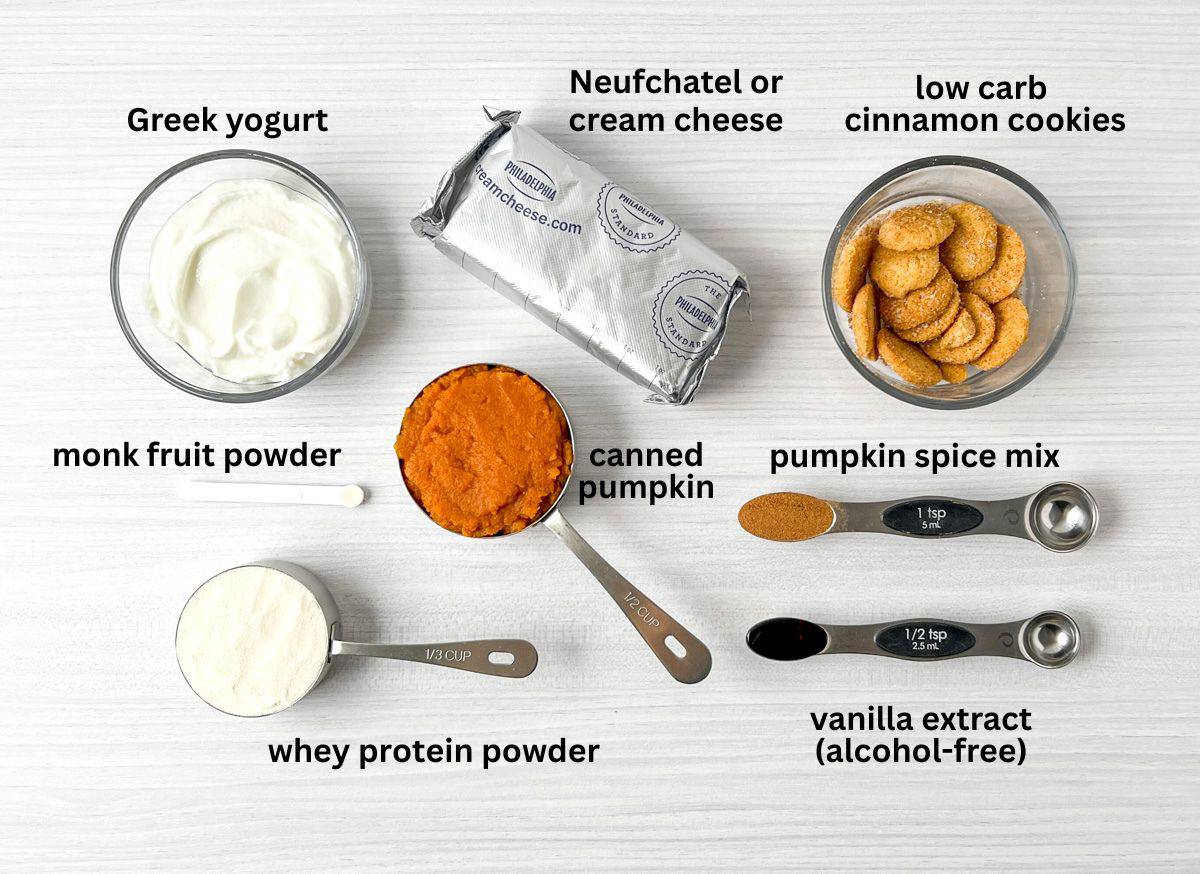 labeled ingredient photo for pumpkin cheesecake mousse with protein.