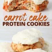 on top, a bitten carrot cake protein cookie, on bottom, a pile of cookies on a plate.