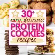 collage of protein cookies with text overlay.