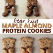 bear-shaped maple almond, each holding an almond, with text overlay.