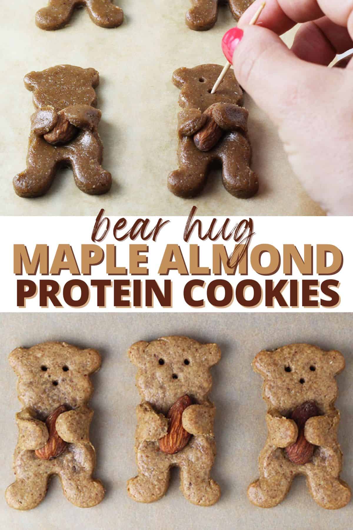 bear-shaped maple almond, each holding an almond, with text overlay.