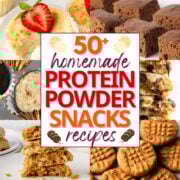 collage of homemade protein powder snacks with text overlay.