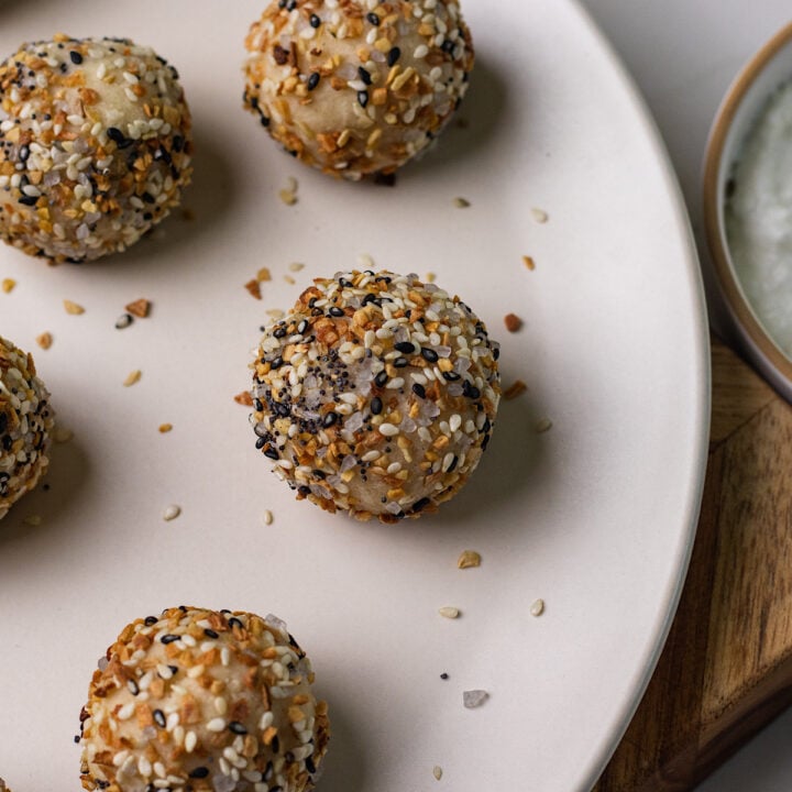 high protein everything bagel bites on a plate.