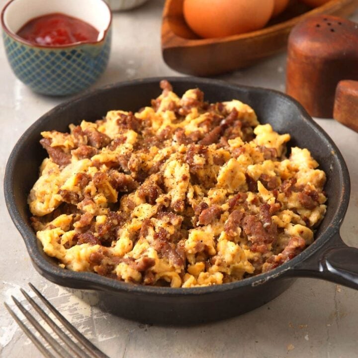 mini skillet with hamburger scrambled eggs.