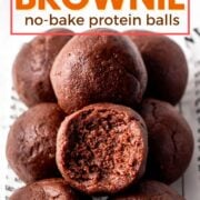 chocolate protein balls in a meal prep container with one bitten, with text overlay.