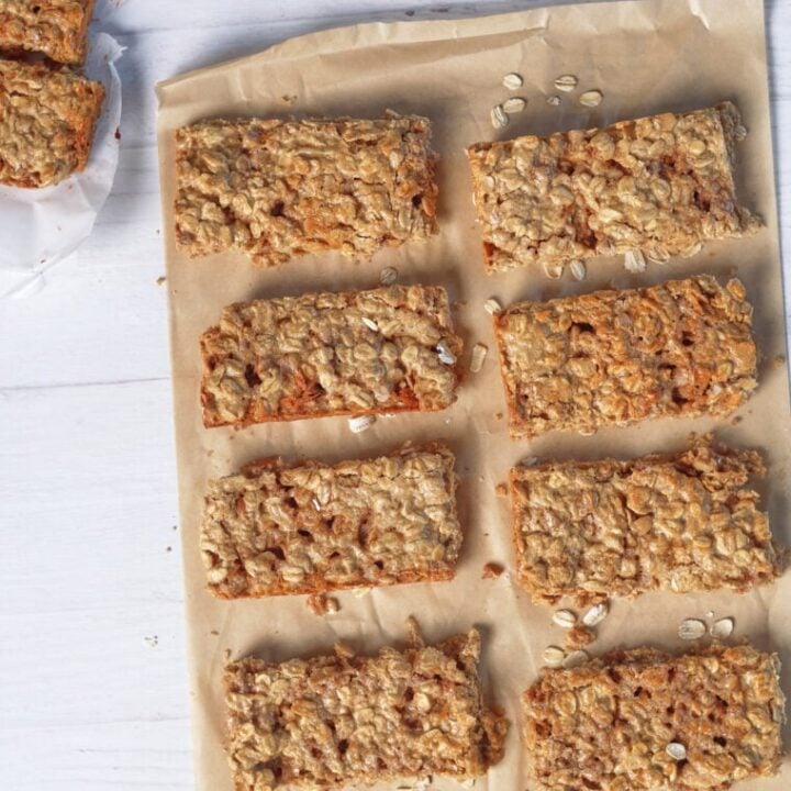 homemade high protein granola bars on a piece of parchment paper.