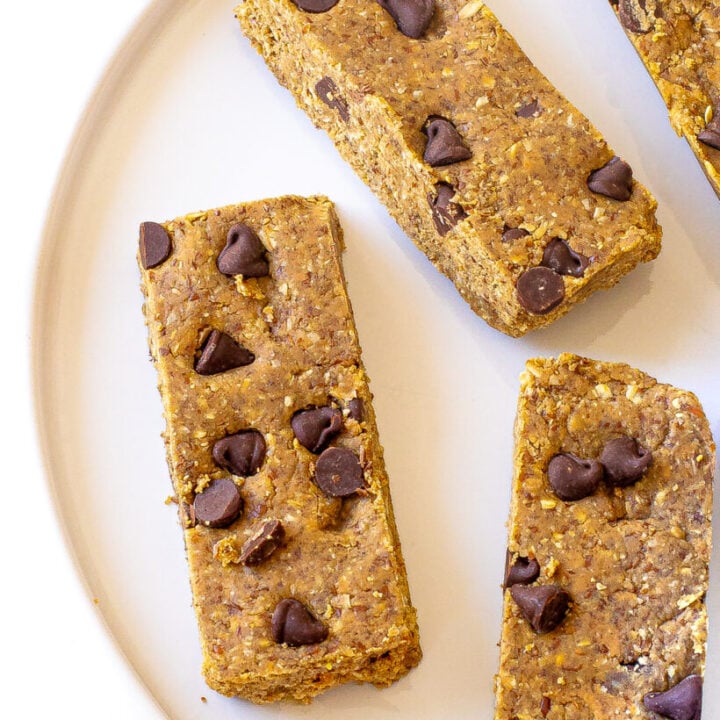 homemade chocolate chip protein bars on a plate.