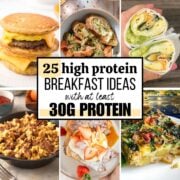 collage of high protein breakfast recipes with text overlay.