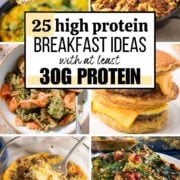 collage of high protein breakfast recipes with text overlay.