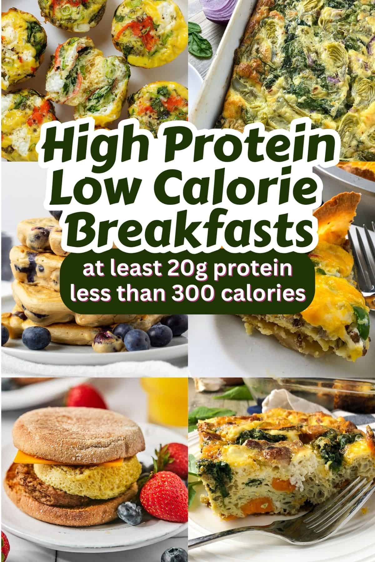 collage of high protein low calorie breakfasts with text overlay.