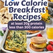 collage of high protein low calorie breakfasts with text overlay.