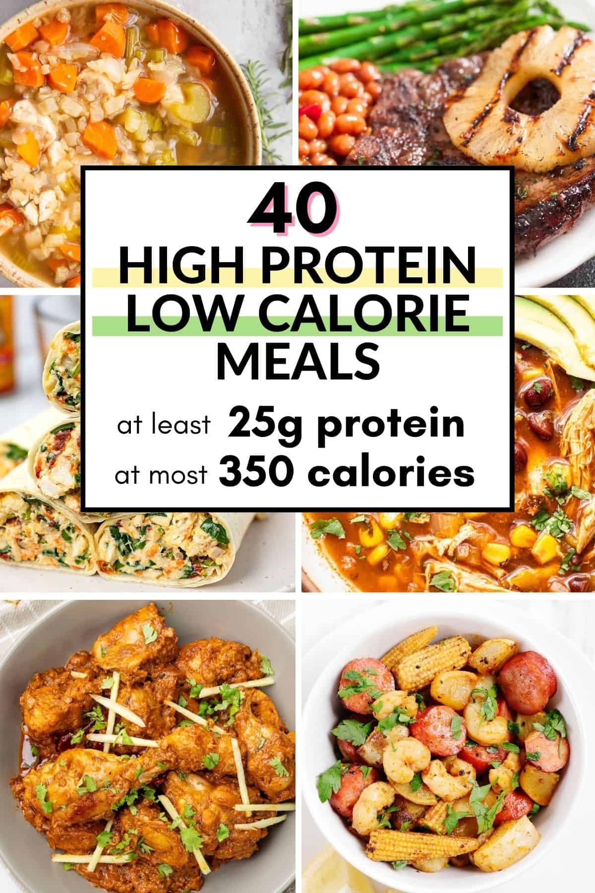 collage of high protein low calorie meals with text overlay.