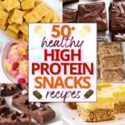 collage of homemade healthy high protein snacks with text overlay.