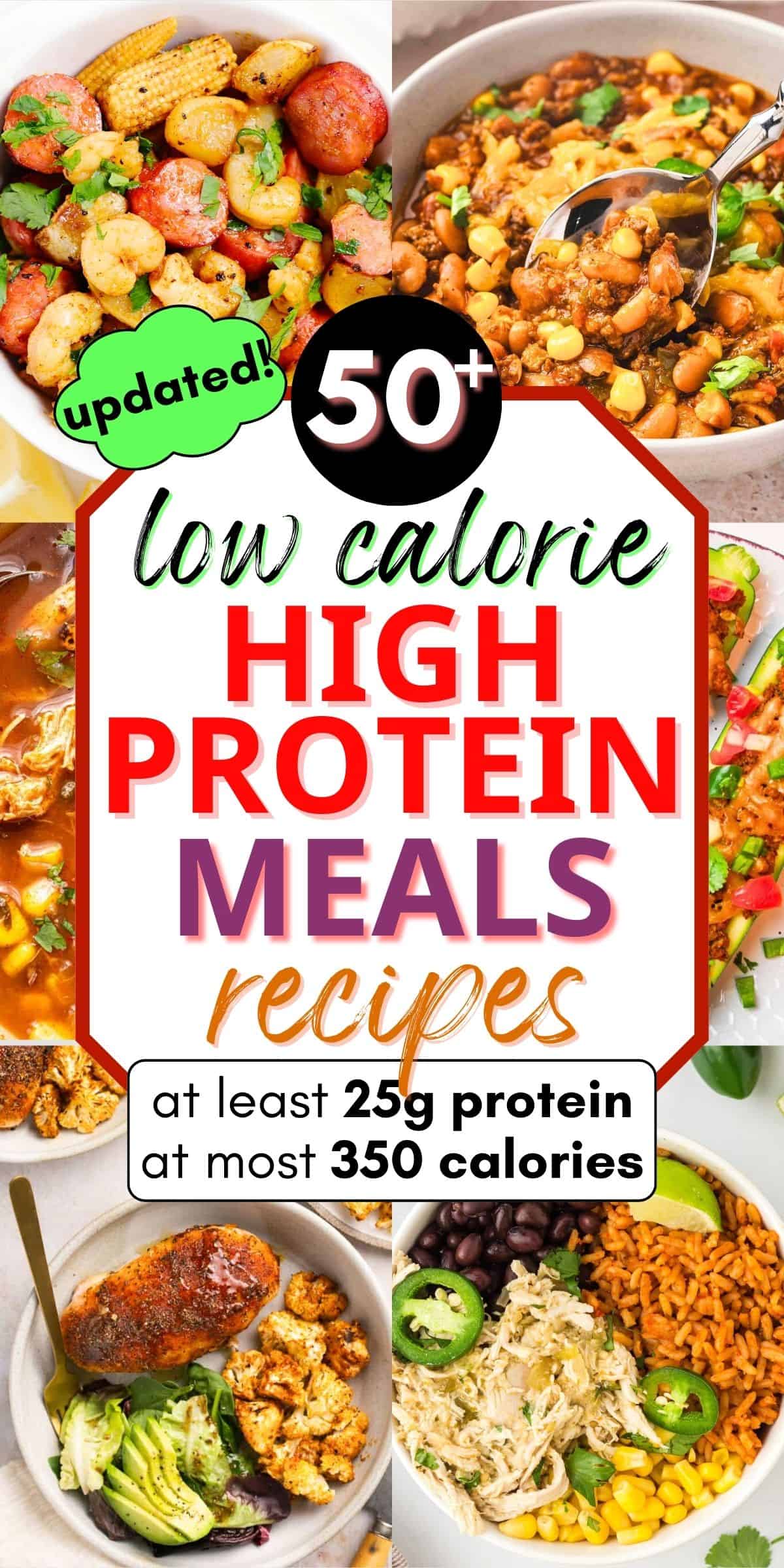 collage of high protein low calorie meals, with text overlay.