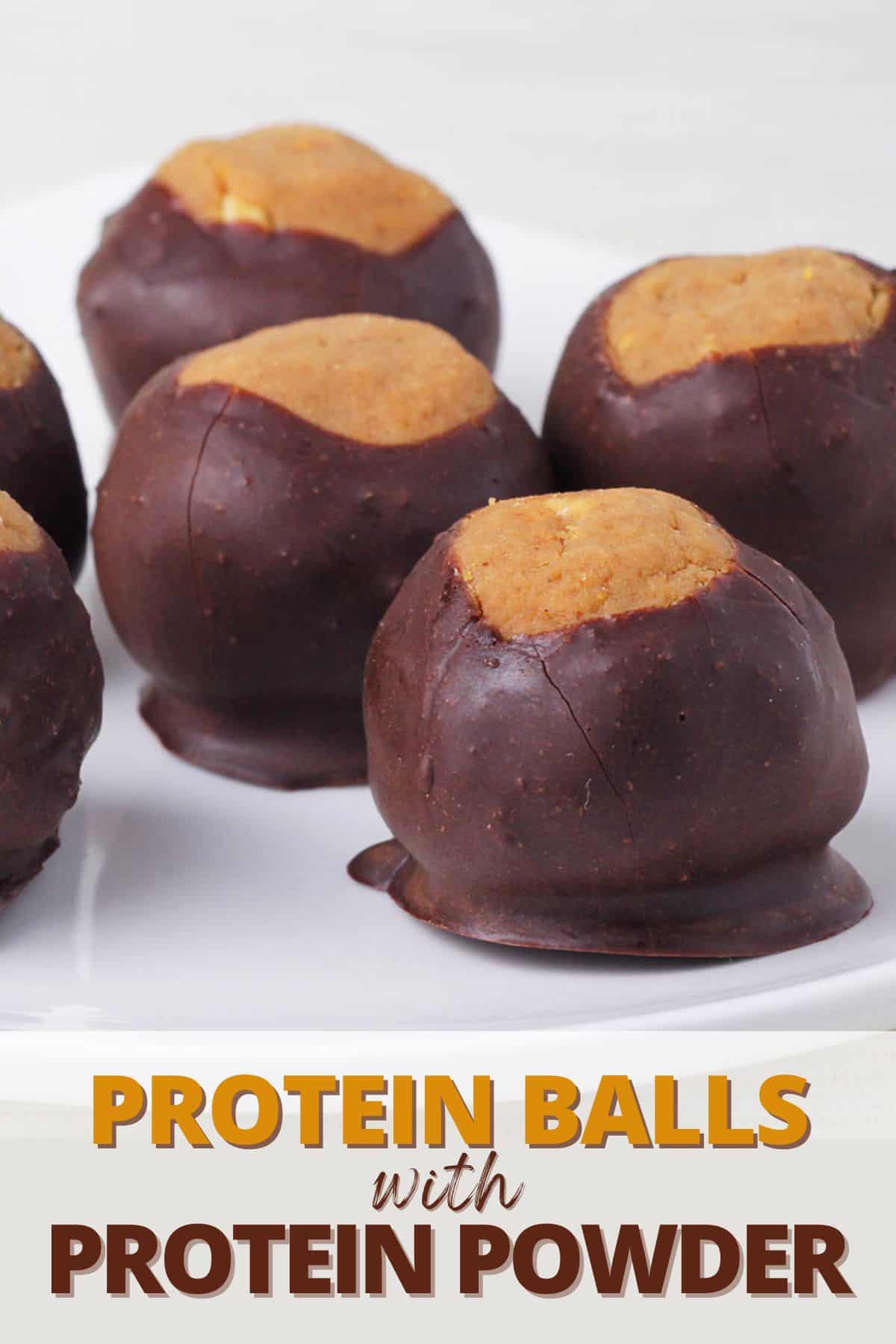 six high protein buckeye treats on a white plate, with text overlay.