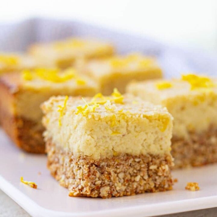 healthy protein lemon bars with granola bottoms.