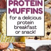 collage of protein muffins with text overlay.