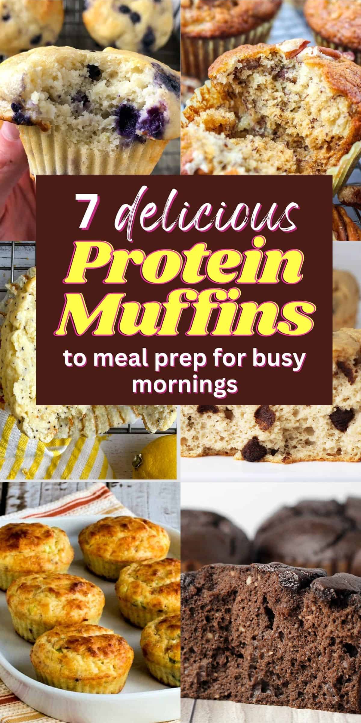 collage of protein muffins with text overlay.