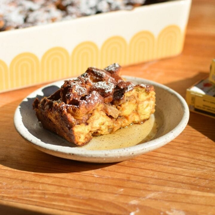 piece of pumpkin french toast casserole on a plate.