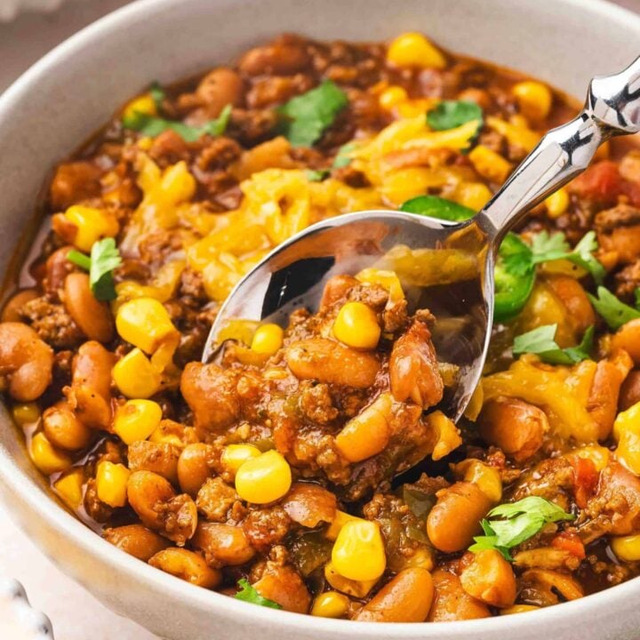 Delicious, hearty protein-rich chili with beans, corn, and flavorful seasonings.