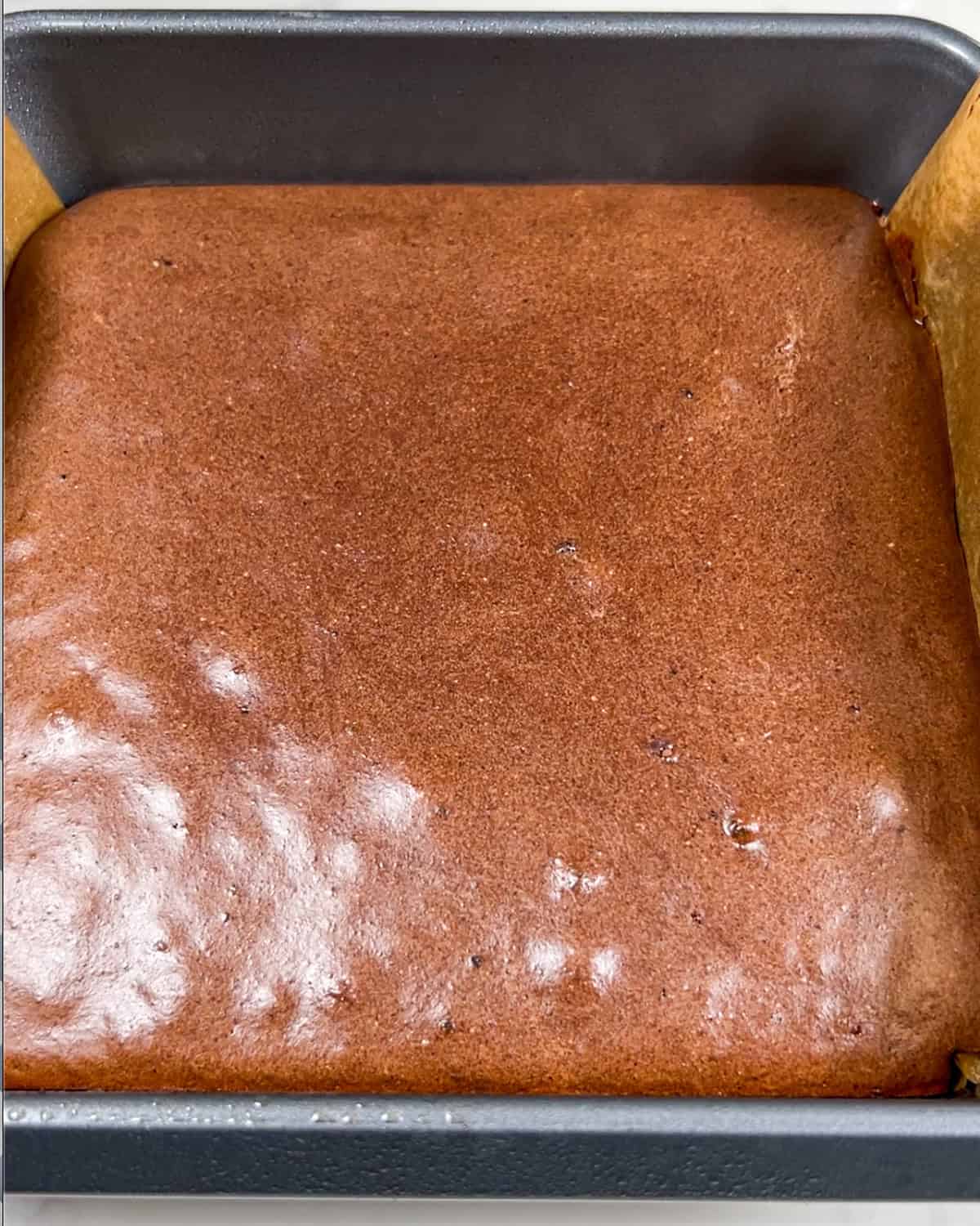 whey protein brownies after being baked, still in the pan.