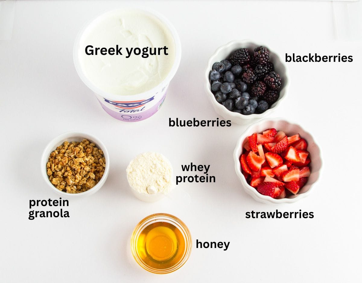 labeled ingredient photo for high protein breakfast parfait.